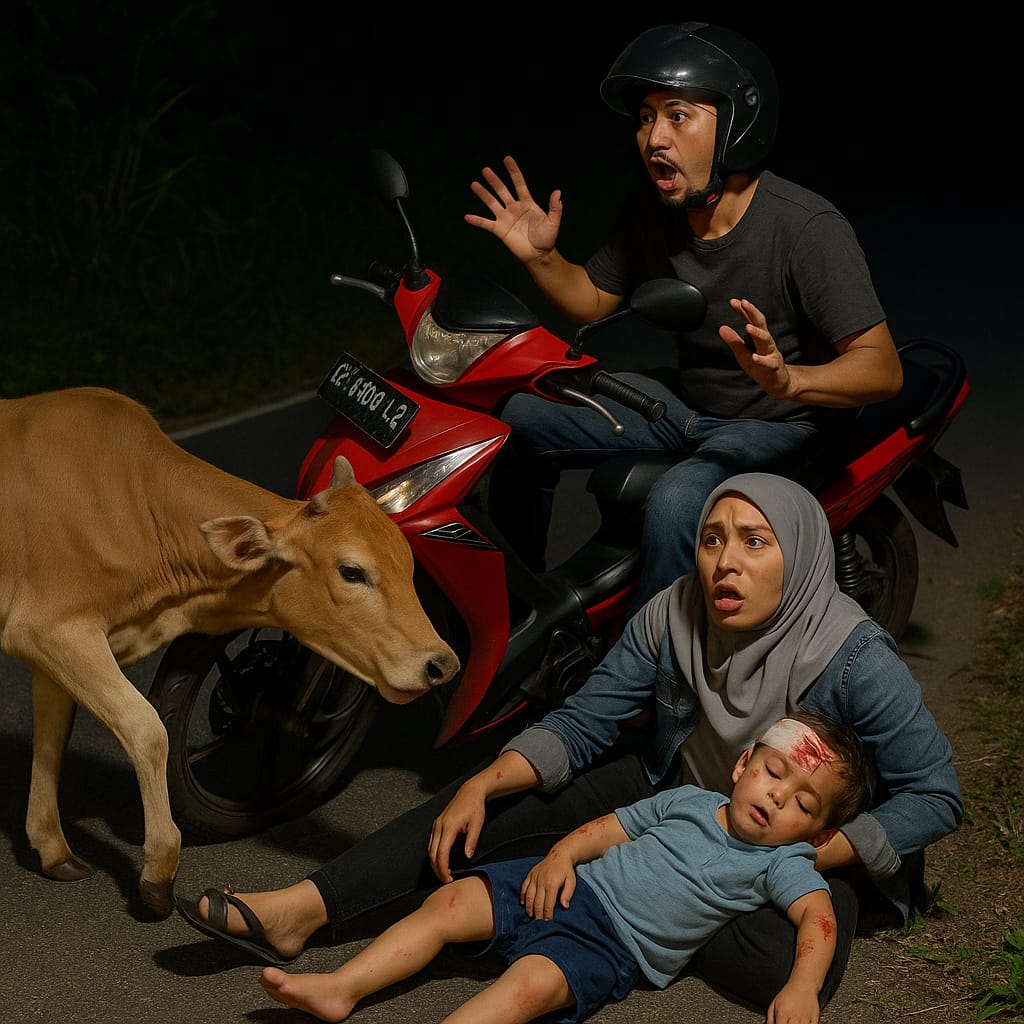 Anak Lembu Tabrak Pengendara Motor di Air Salak, Balita Dirawat Intensif Lingga – Kecelakaan tragis menimpa pasangan suami istri (pasutri) dan anak balita mereka saat melintas di Jalan Air Salak, Desa Batu Kacang, Kecamatan Singkep, Kabupaten Lingga, Senin malam (9/6) sekitar pukul 20.30 WIB. Sepeda motor yang mereka kendarai dihantam seekor sapi yang tiba-tiba keluar dari semak. Korban diketahui bernama Satria Maulana (31), warga Desa Sungai Raya, Kecamatan Singkep Barat. Ia mengendarai sepeda motor Yamaha Vrigo BP 4986 LD warna merah, membonceng istri dan anaknya yang masih berusia dua tahun. Motor yang melaju dari arah Singkep Barat menuju Dabo tiba-tiba diseruduk sapi liar dari arah kiri jalan, menyebabkan ketiganya terjatuh dan mengalami luka-luka. Warga sekitar langsung mengevakuasi korban dan menghubungi ambulans RSUD Dabo Singkep. Petugas medis segera memberikan penanganan darurat. “Kami menerima laporan sekitar pukul 20.45 WIB dan langsung menurunkan ambulans ke lokasi. Ketiganya kemudian dibawa ke UGD untuk pemeriksaan lebih lanjut,” ujar Kepala Seksi Pelayanan Medis (Yanmed) RSUD Dabo Singkep, Riana Migawati, Selasa (10/6). Hasil pemeriksaan menyebutkan kedua orang tua hanya mengalami luka ringan berupa lecet di tangan dan kaki. Namun, kondisi balita mereka cukup memprihatinkan. “Anak berusia dua tahun itu mengalami luka terbuka di kepala yang memerlukan lima jahitan, serta lecet di wajah, tangan, dan kaki. Dari hasil rontgen juga terdapat dugaan retak pada tulang kepala bagian depan, tepatnya di sekitar lingkar mata kanan,” jelas Riana. Saat ini, balita tersebut masih menjalani observasi intensif di RSUD Dabo Singkep. Sementara itu, kedua orang tuanya telah diizinkan pulang setelah mendapat perawatan. Tolong buat foto ilustrasinya