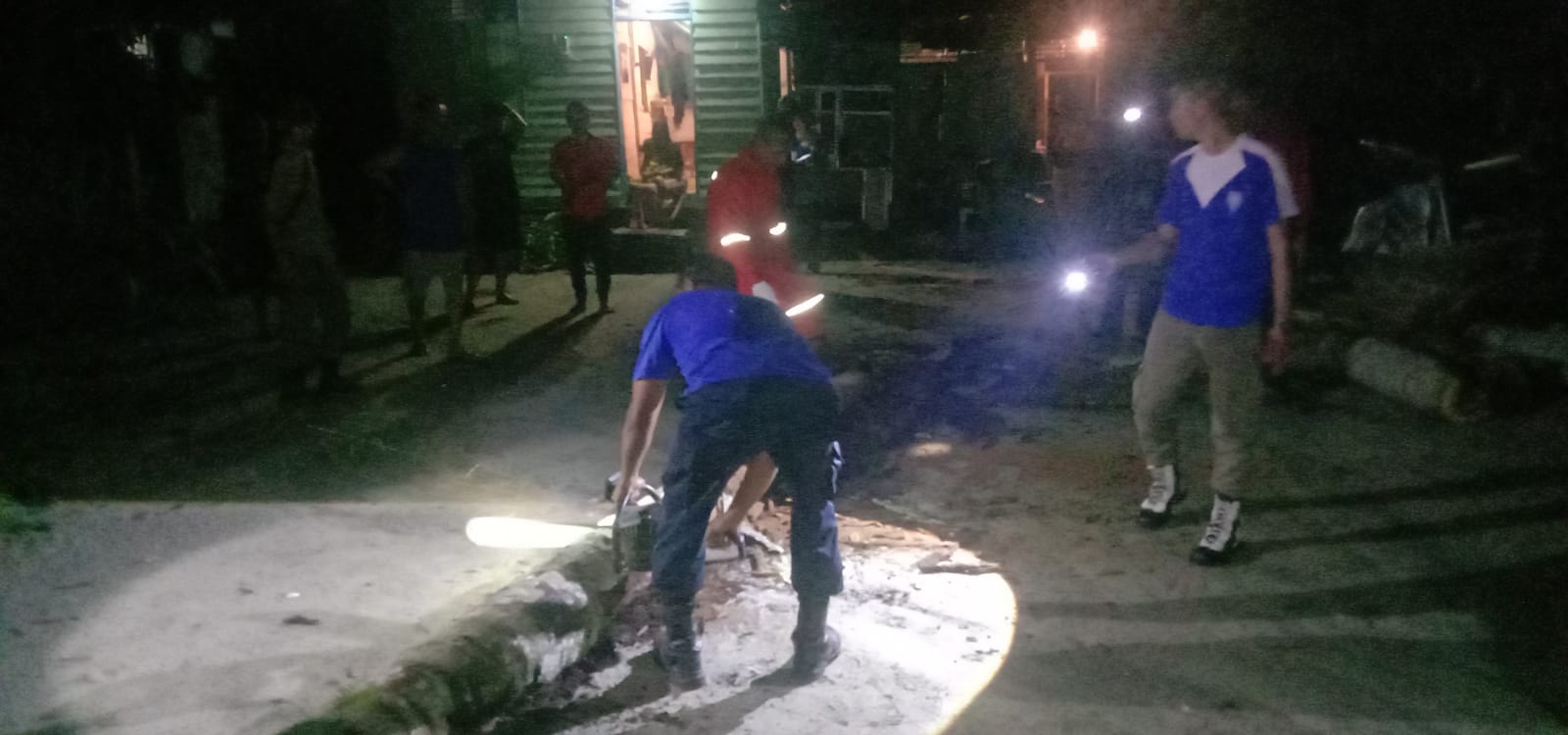 Petugas Damkar unit Dabo Singkep saat melakukan evakuasi terhadap pohon yang menimpa rumah warga RT 002 RW 008 Kelurahan Dabo. F. Redaksi